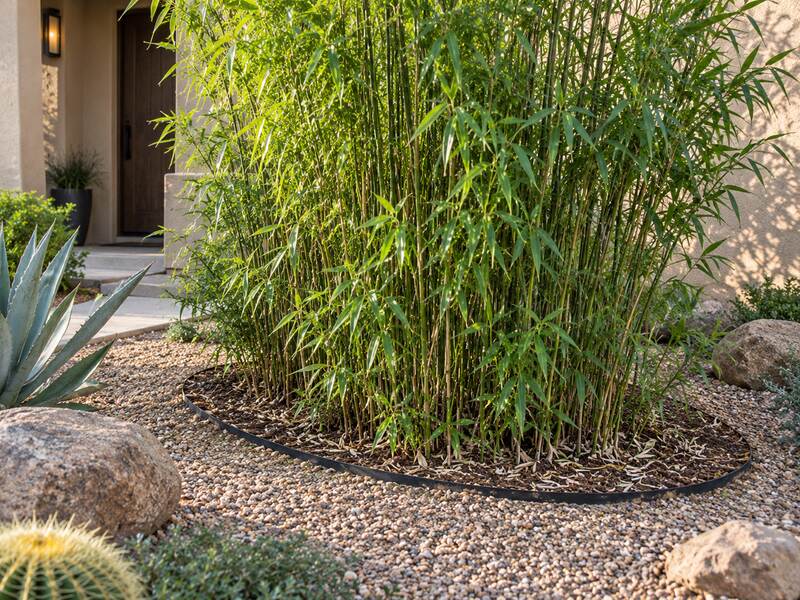 Bamboo barrier edging containing a bamboo grove at a desert home front entrance
