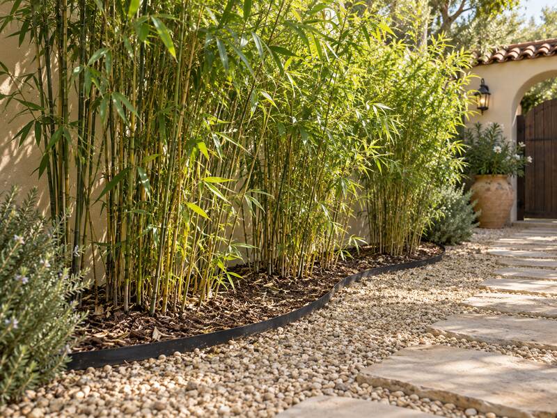 Bamboo barrier edging lining a bamboo hedge along a Mediterranean-style courtyard path
