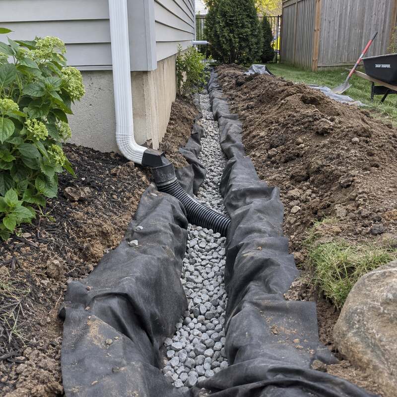 Non-woven drainage fabric lining a French drain trench connected to a downspout beside a house
