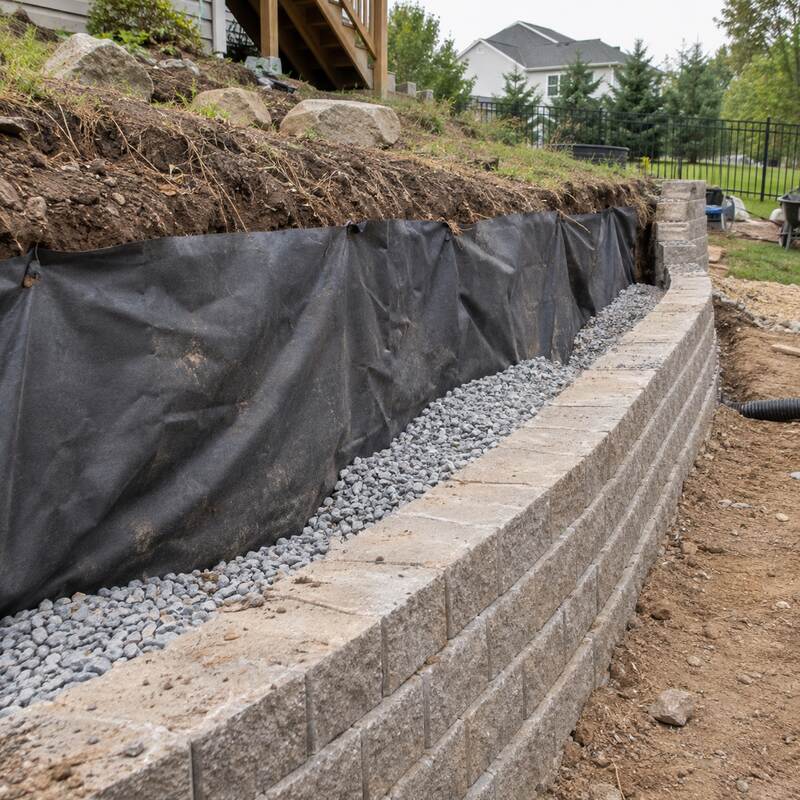 Non-woven drainage fabric lining gravel backfill behind a segmental block retaining wall
