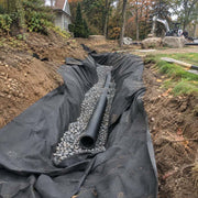 Non-woven drainage fabric lining a gravel drainage trench with perforated pipe in a wooded yard
