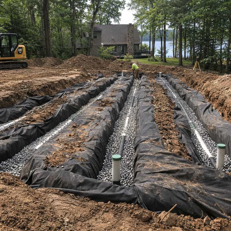Drainfield fabric lining septic drain field trenches on a hillside property overlooking a lake
