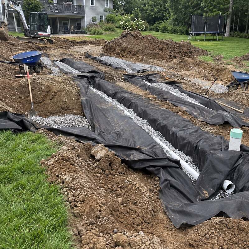 Spunbound drainfield fabric wrapping gravel septic trenches in a backyard with a trampoline visible
