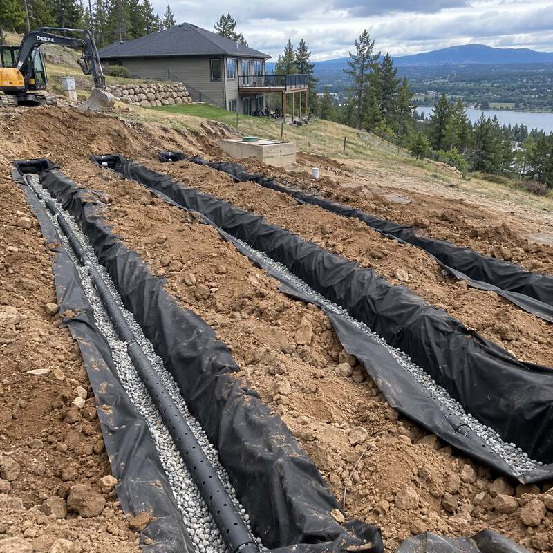 Drainfield fabric lining septic drain field trenches at a lakefront property with a septic service truck nearby
