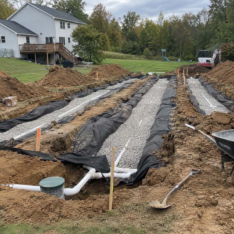 Drainfield fabric lining septic drain field trenches at a rural property with a survey tripod and truck
