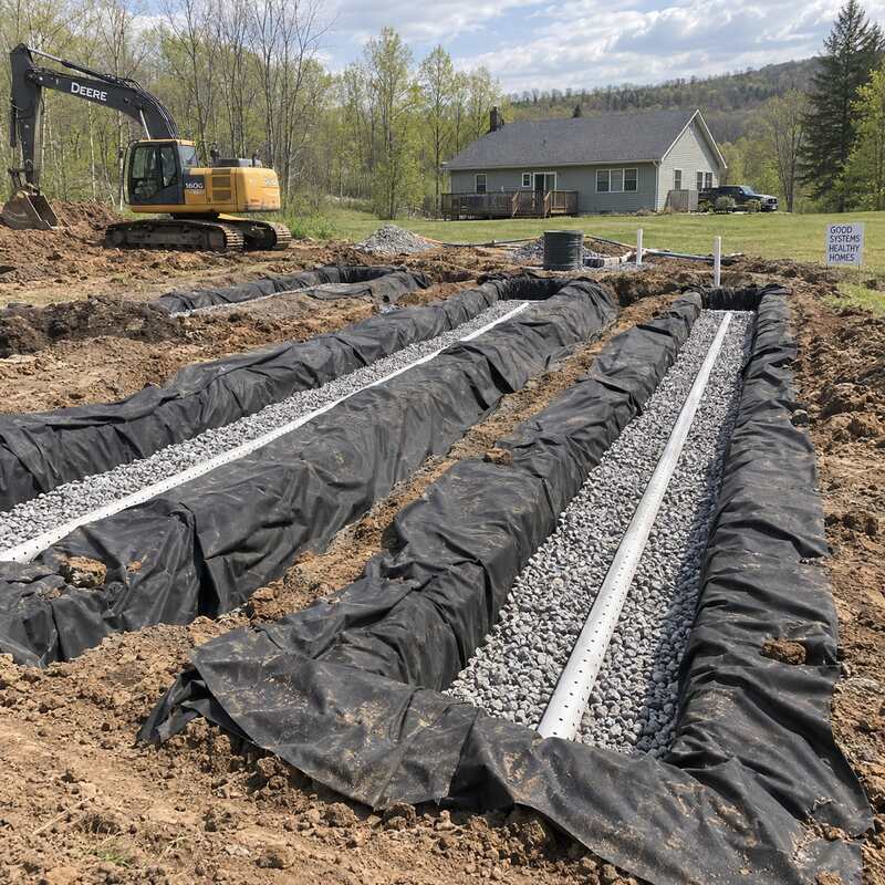 Spunbound drainfield fabric wrapping gravel-filled septic leach field trenches with perforated pipe at a rural home
