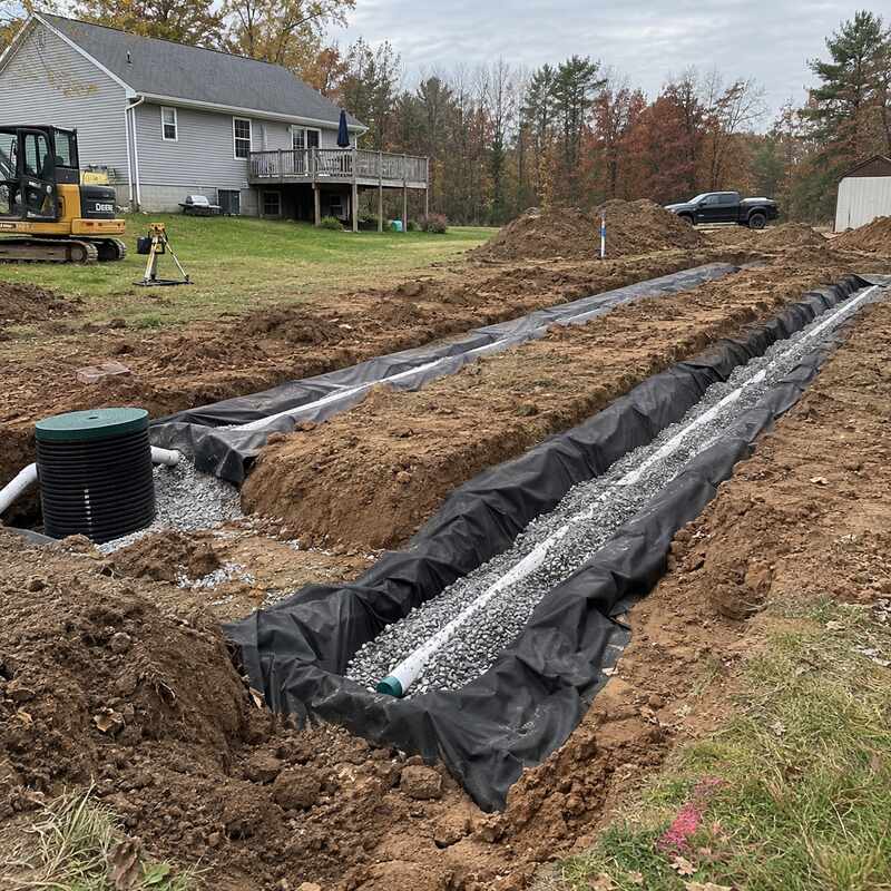 Spunbound drainfield fabric wrapping a gravel septic drain field trench next to a septic tank riser
