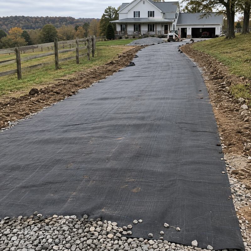 Driveway fabric installed along a long rural driveway with a skid steer and farmhouse in the background
