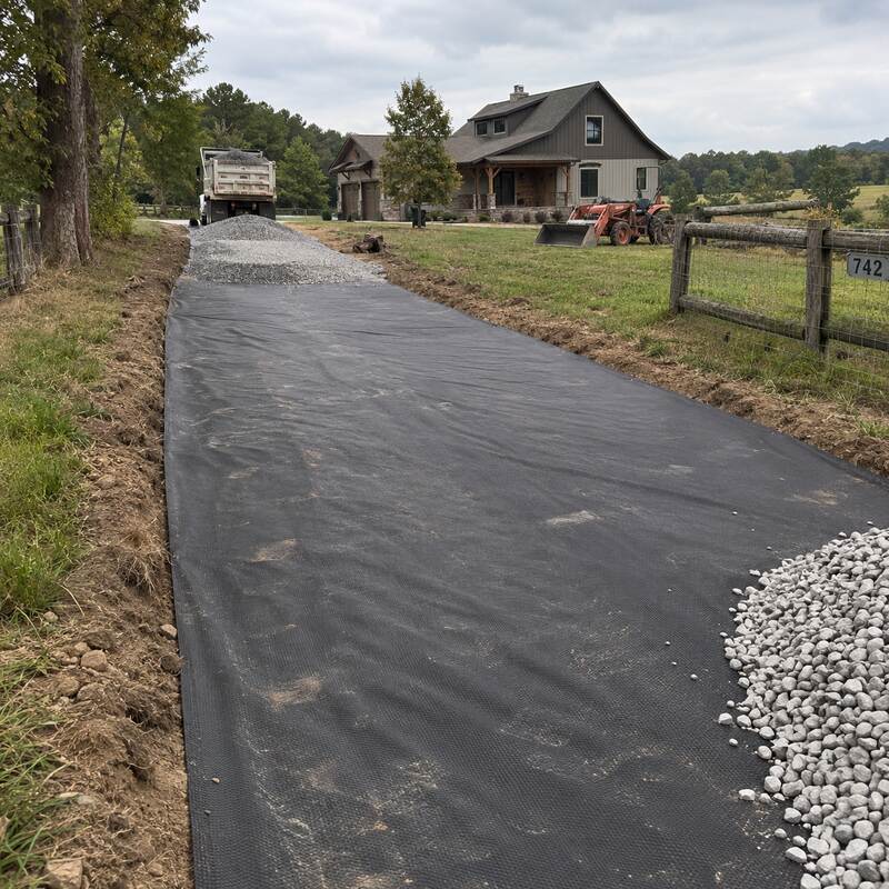 Driveway fabric installed on a farm driveway with a dump truck and red barn in the background
