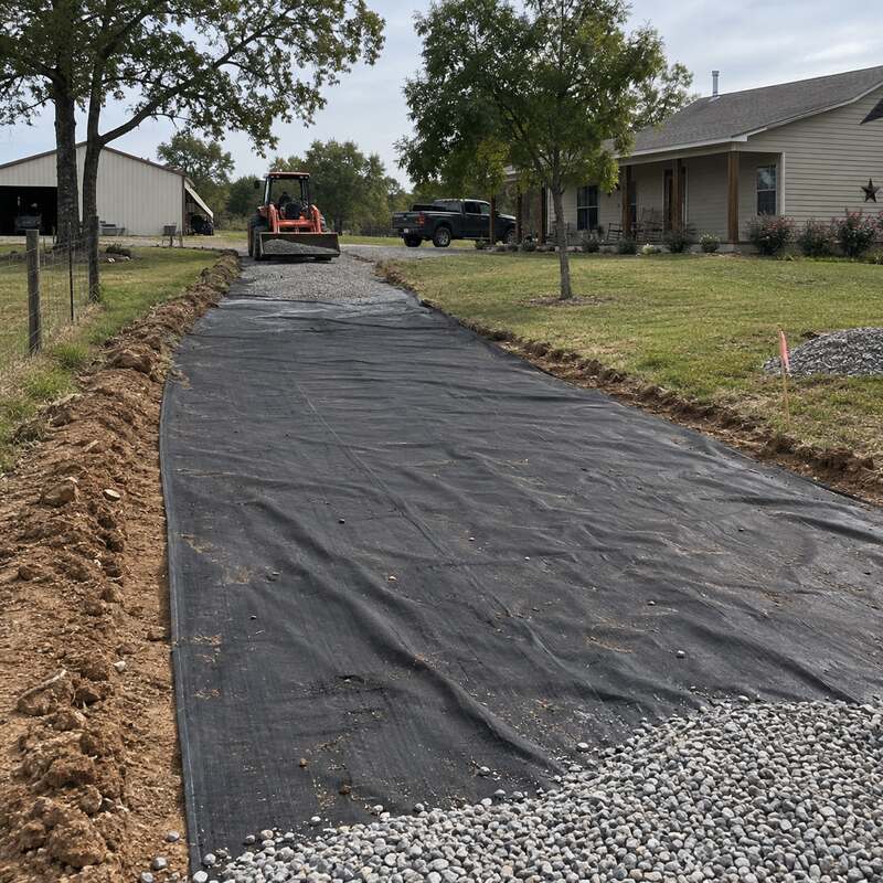 Driveway fabric installed along a rural driveway lined with a stone wall, wheelbarrow and gravel pile nearby
