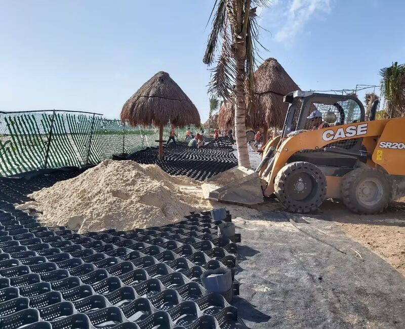 Skid steer filling geocell panels with sand to create a stabilized beach access path near palapas
