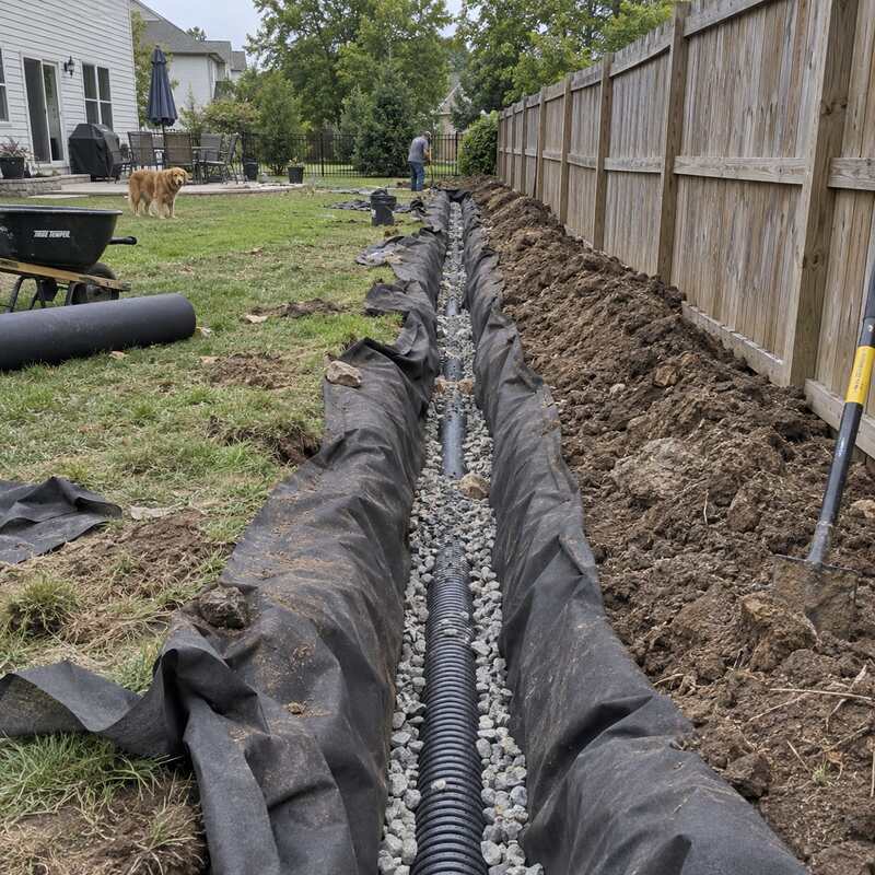 Non-woven geotextile fabric lining a backyard French drain trench with perforated pipe and gravel along a fence line
