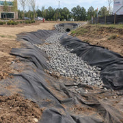 Non-woven geotextile fabric lining a rock-filled drainage swale leading to a culvert pipe
