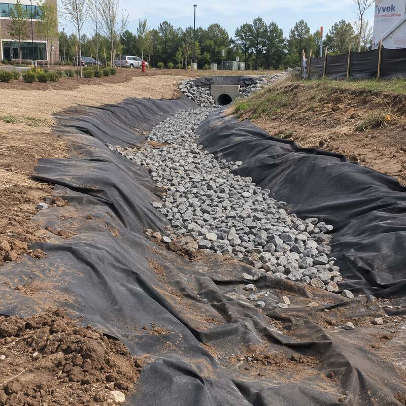 Non-woven geotextile fabric lining a rock-filled drainage swale leading to a culvert pipe
