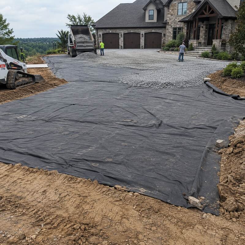 Non-woven geotextile fabric laid beneath gravel during a driveway installation in front of a stone home
