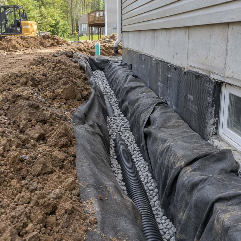 Non-woven geotextile fabric wrapping gravel and drain pipe along a house foundation waterproofing installation
