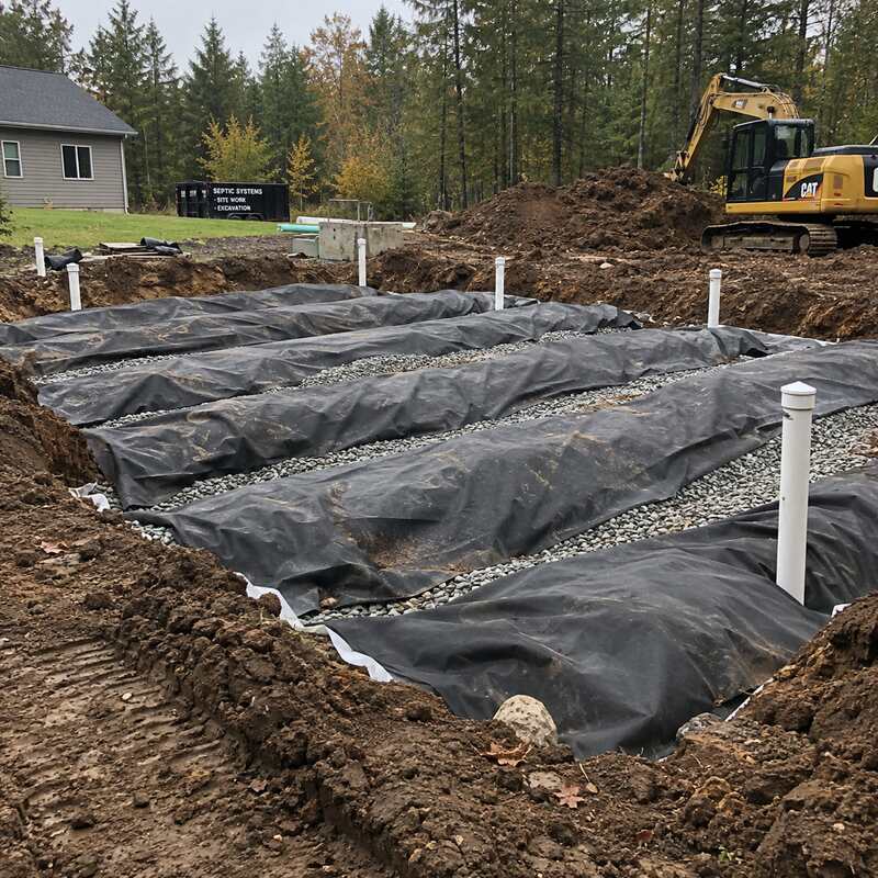 Non-woven geotextile fabric lining multiple septic drain field trenches filled with gravel
