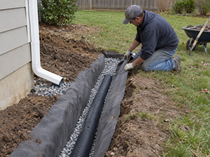 Worker installing non-woven soil filter fabric around a downspout drain trench with gravel
