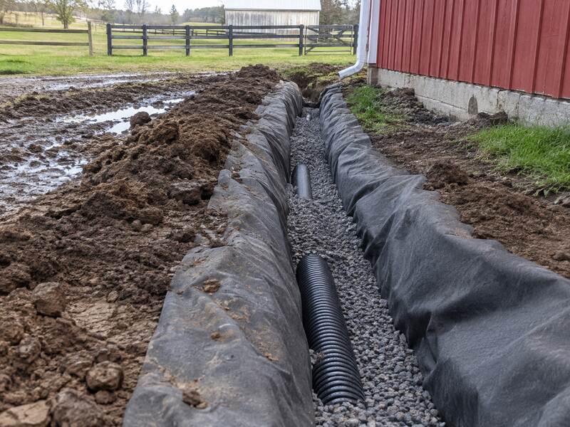 Non-woven soil filter fabric lining a drainage trench beside a red barn on a farm property
