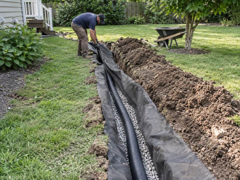Worker installing non-woven soil filter fabric around gravel and perforated pipe in a backyard french drain trench
