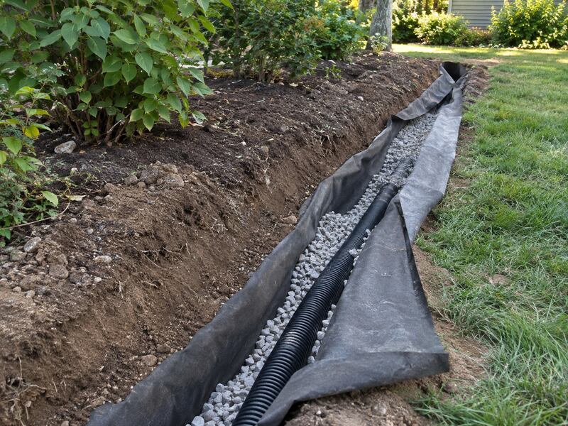 Non-woven soil filter fabric wrapping gravel and drain pipe along a shrub planting bed
