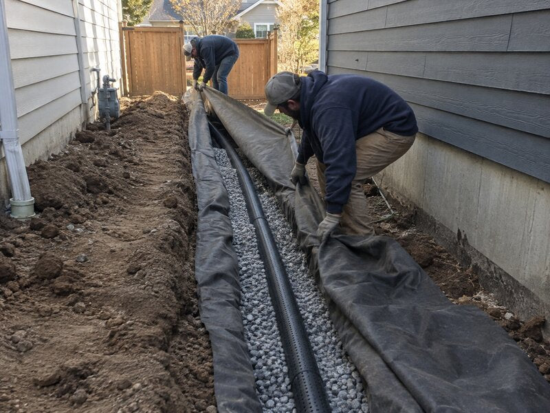 Two men installing non-woven soil filter fabric in a narrow side yard drainage trench

