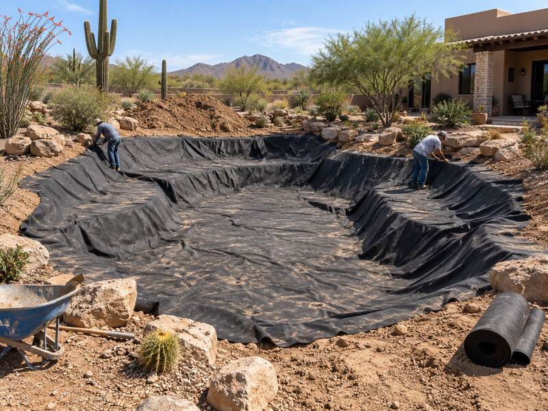 Pond underlayment fabric being installed in a desert landscape pond excavation with mountain views

