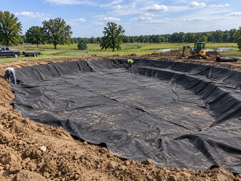 Pond underlayment fabric lining a large farm pond excavation with equipment nearby
