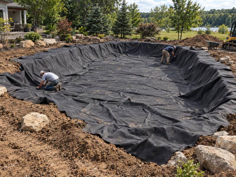 Two men fitting pond underlayment fabric into a lakeside pond and waterfall excavation
