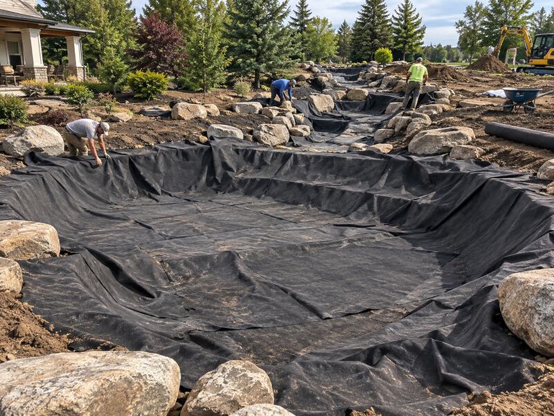 Crew installing pond underlayment fabric along a rock-lined stream and waterfall channel

