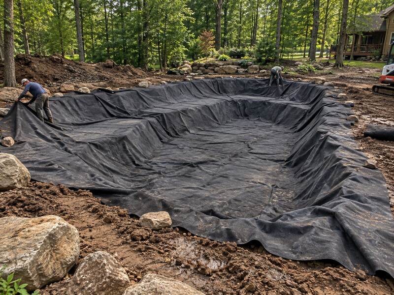 Workers fitting pond underlayment fabric into a wooded backyard pond excavation
