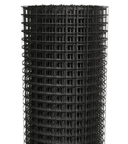 Rolled black road base geogrid soil stabilization grid product on a white background
