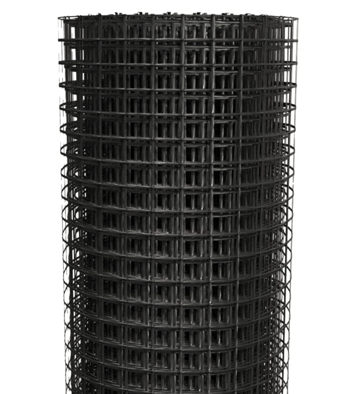 Rolled black road base geogrid soil stabilization grid product on a white background
