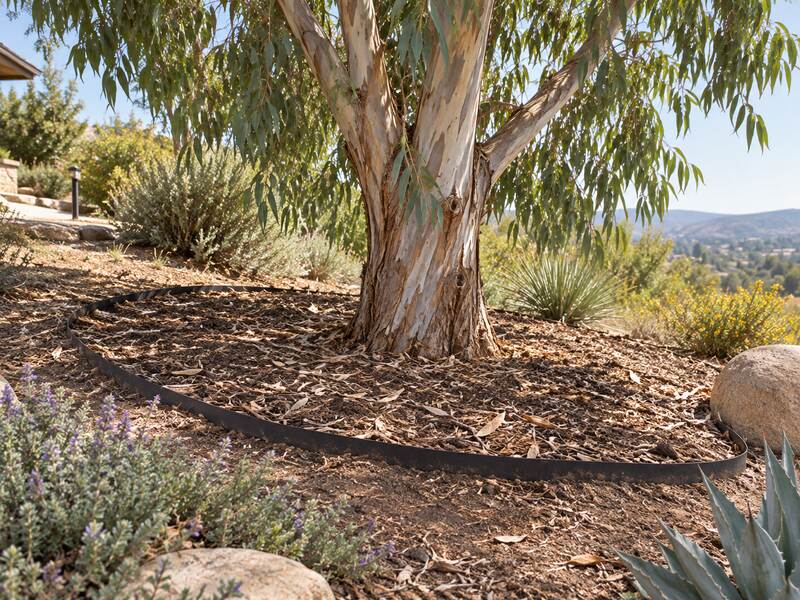 Tree root barrier ring around a eucalyptus tree on a hillside landscape
