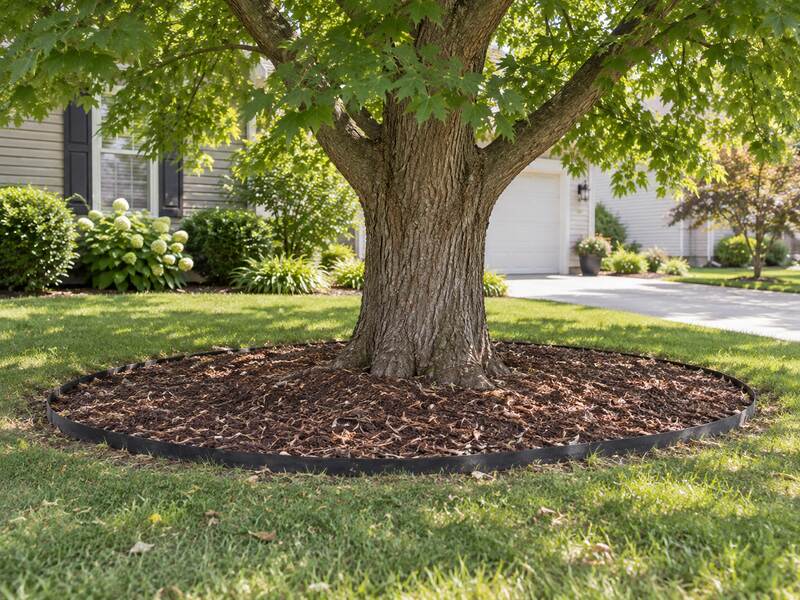 Tree root barrier ring around a maple tree in a front yard near the driveway
