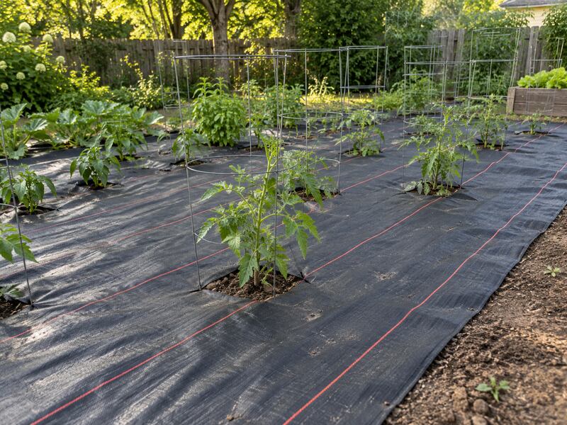 Woven ground cover fabric installed in a backyard vegetable garden with tomato cages
