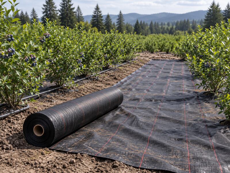 Roll of woven ground cover fabric being laid between rows of blueberry bushes on a farm
