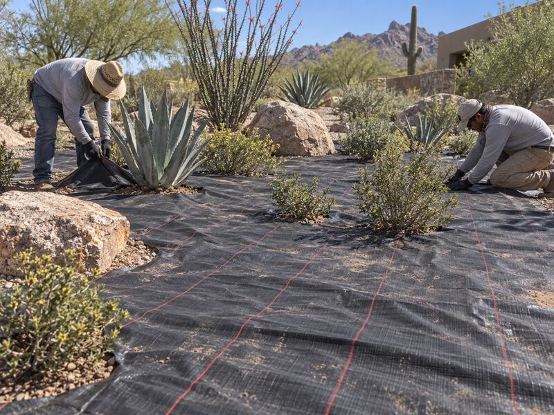 Workers installing woven ground cover fabric around cacti and agave in a desert landscape
