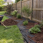 Weed barrier fabric laid along a backyard fence-line planting bed with a mulch pile and rake
