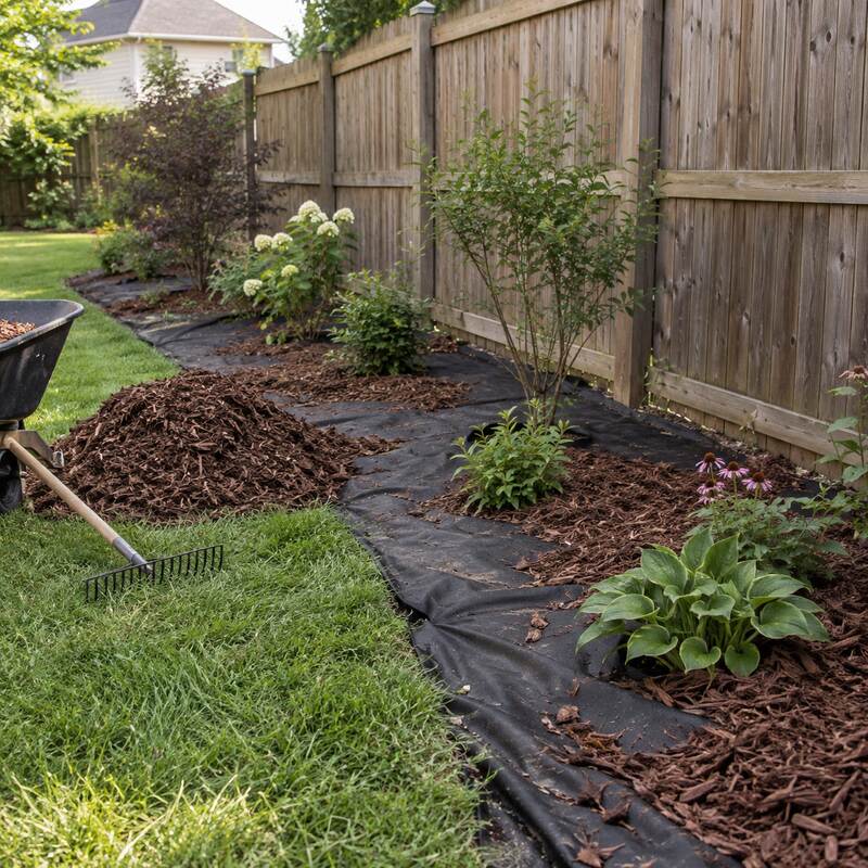 Weed barrier fabric laid along a backyard fence-line planting bed with a mulch pile and rake

