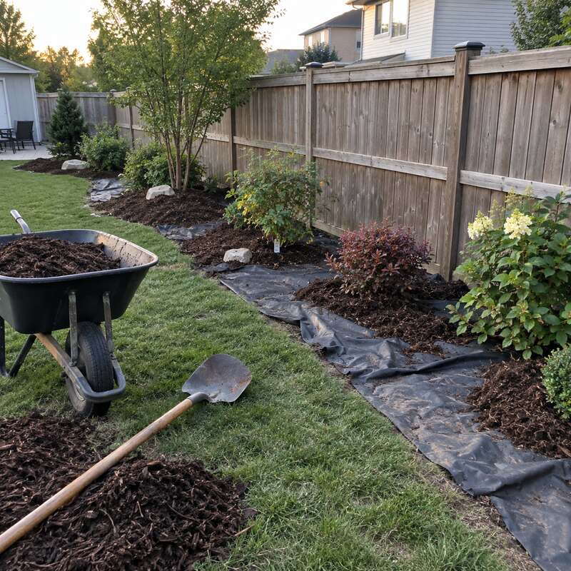 Weed barrier fabric installed along a long backyard fence-line planting bed at sunset with mulch wheelbarrow
