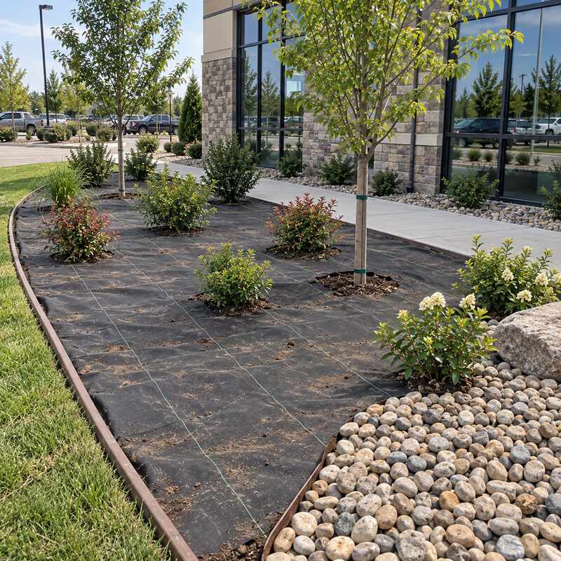 Weed barrier fabric installed in a commercial landscape bed with trees and river rock border outside an office building
