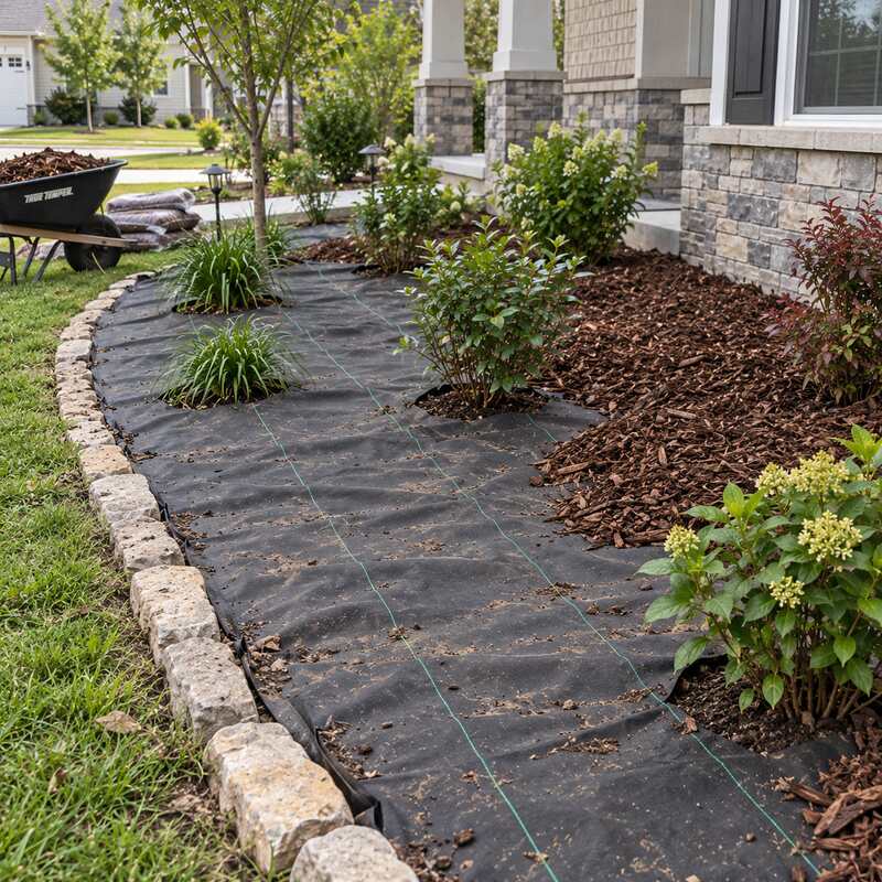 Heavy grade weed barrier fabric installed in a foundation planting bed with shrubs and mulch half-spread
