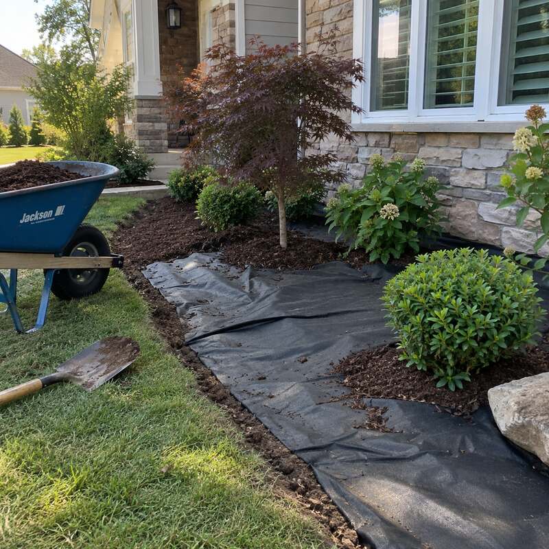 Weed barrier fabric installed in a front porch planting bed with a Japanese maple and mulch wheelbarrow nearby
