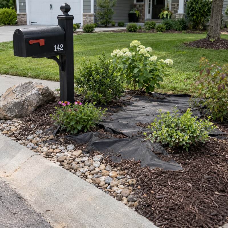 Weed barrier fabric installed around a mailbox bed bordered with river rock and flowering perennials
