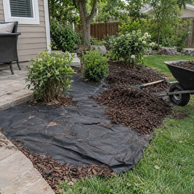 Weed barrier fabric laid along a backyard patio planting bed with a mulch-filled wheelbarrow and rake
