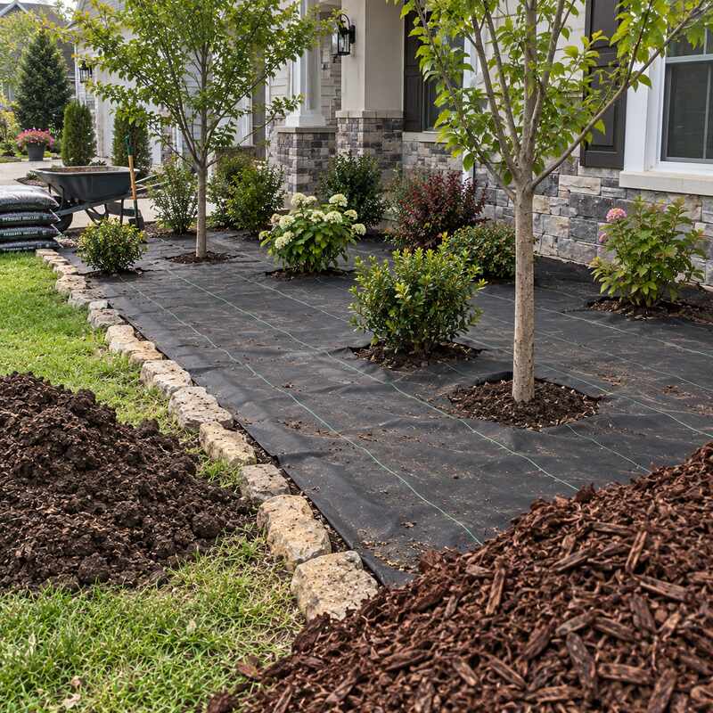 Weed barrier fabric laid in a residential front yard bed with trees, shrubs, and mulch piles ready to spread
