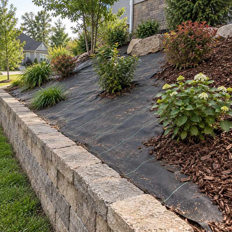 Heavy grade weed barrier fabric covering a sloped planting bed above a stone retaining wall
