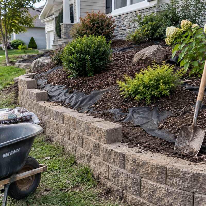 Weed barrier fabric covering a sloped planting bed above a block retaining wall with mulch and shrubs
