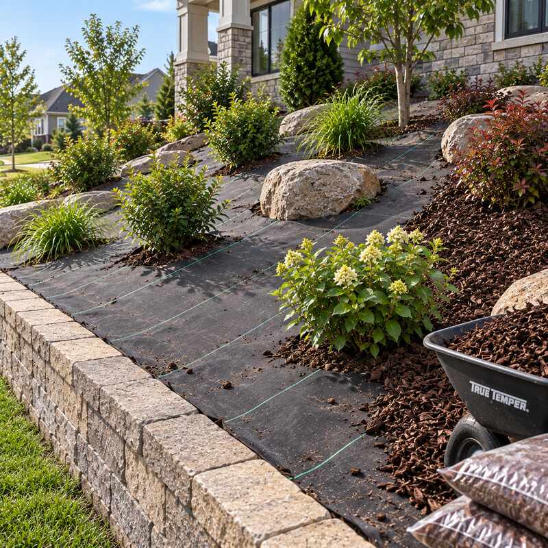 Heavy grade weed barrier fabric on a sloped bed with boulders and mulch above a block retaining wall
